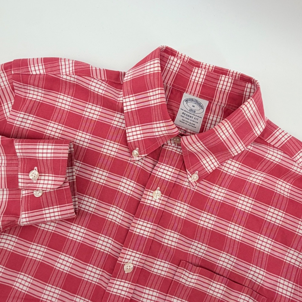 Brooks Brothers Shirt Mens Medium Red‎ White Plaid Regent Fit Non-Iron